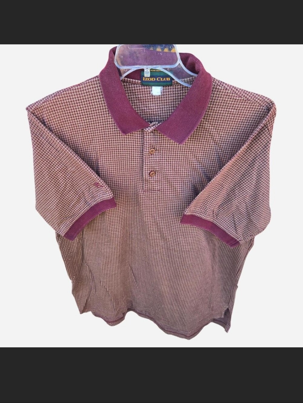 Vintage Izod Club Houndstooth Polo Shirt Brown Maroon Men's L